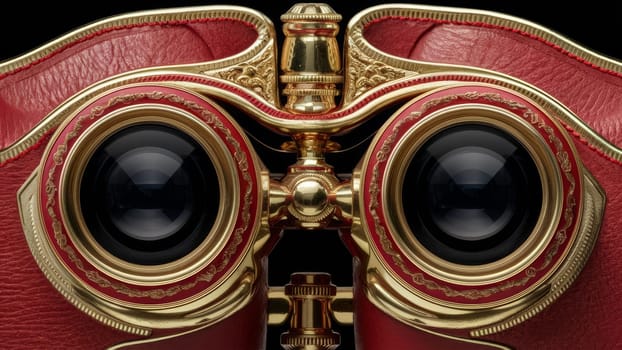 Close-up of ornate red and gold opera glasses with intricate detailing, showcasing luxurious craftsmanship. AI-generated.