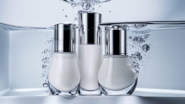 Three elegant skincare bottles are partially submerged in water, surrounded by bubbles, a fresh and clean aesthetic. hydration-focused content.