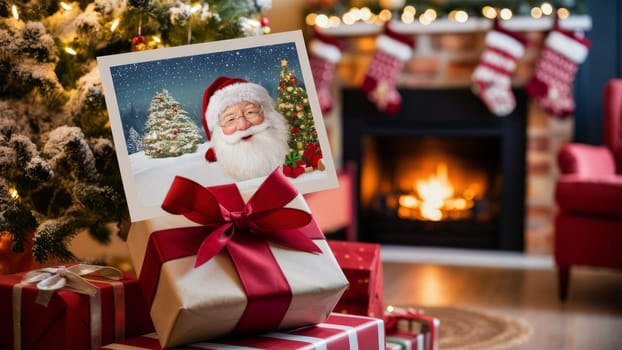 A beautifully wrapped Christmas gift with a red bow and a Santa card, set against a cozy fireplace and Christmas tree background