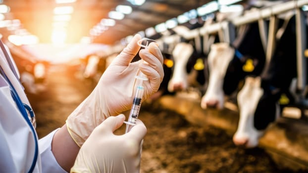 A veterinarian prepares a syringe on a dairy farm, with cows in a sunlit barn in the background.content about veterinary services and animal welfare.