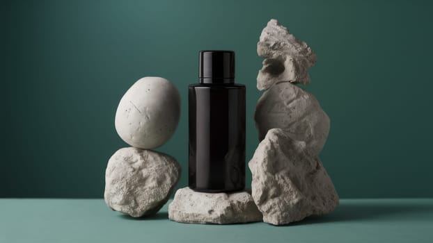 A sophisticated black skincare bottle is showcased amid a natural stone arrangement on a green background,minimalist aesthetic.Suitable for eco-friendly beauty product promotions