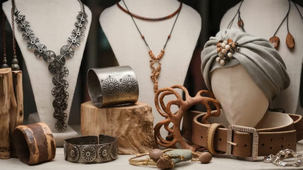 Display of boho style jewelry on mannequins, including necklaces, bracelets, and headpieces, featuring earthy tones and natural materials. Artistic and unique.