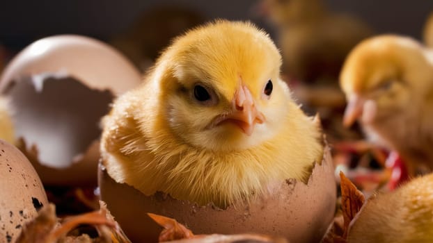 Close-up of an adorable yellow chick emerging from its eggshell, surrounded by other eggs and chicks.
