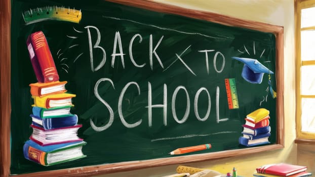 Illustration of a chalkboard with ,Back to School, written in large letters, surrounded by colorful books, a ruler, and a graduation cap.