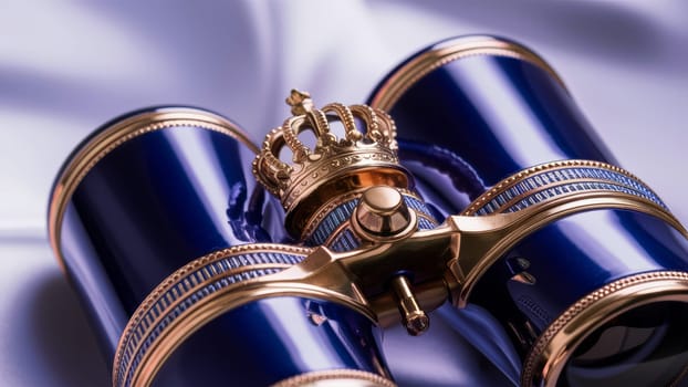 Luxury Blue and Gold binoculars with crown emblem, highlighting the elegant and royal design on the satin background.