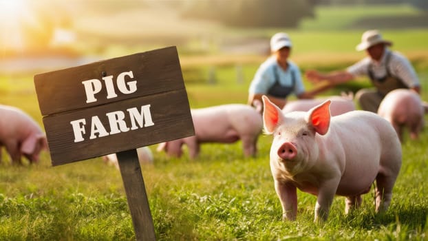 A sign reading ,Pig Farm, stands in the foreground with pigs grazing in the background, accompanied by farmers tending to the animals. Sunlit farm setting. rural lifestyle content
