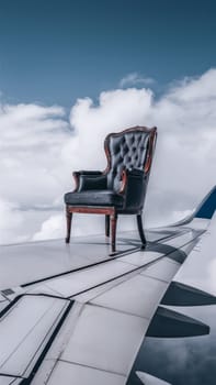 An elegant vintage chair is placed on the wing of an airplane against a backdrop of clouds and a clear blue sky, creating a surreal and whimsical scene. surreal concept art and travel-related content
