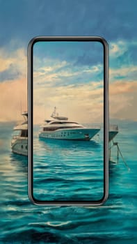 A luxury yacht seen through a smartphone frame, combining technology with a serene seascape. Suitable for technology promotions, travel promotions, and modern lifestyle content.