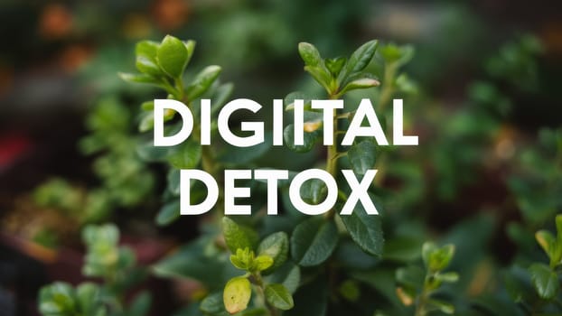 The phrase Digital Detox is overlaid on a background of fresh green leaves, suggesting a break from technology and a return to nature.