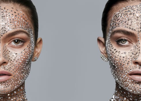 Close-up of two faces decorated with rhinestones on a gray background, showing glamorous and artistic makeup.