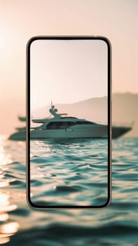 A luxury yacht seen through a smartphone frame, blending technology with a serene marine landscape at sunset. Suitable for tech advertisements, travel promotions, and modern lifestyle content.