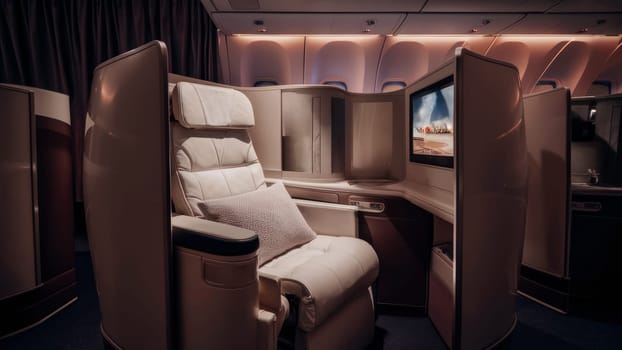 Luxury airline first class suite with reclining leather seat, personal TV screen, and plenty of space for comfort, illuminated by soft ambient lighting.Suitable for luxury travel promotions