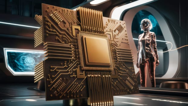 Futuristic Board Design featured in a high-tech environment with a sleek design and a figure in the background. Suitable for technology and innovation content and futuristic design concepts.