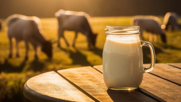 Clear glass jug of fresh milk sits on wooden table with cows grazing in the background during sunset