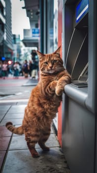 An orange cat standing on its hind legs at an ATM on a city street, looking directly at the camera. Urban setting with a crowd in the background.