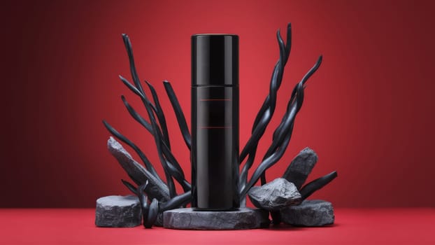 A sleek black skincare bottle is artfully displayed against a striking red background, surrounded by black stones and twisted branches.Suitable for beauty product promotions and modern design content
