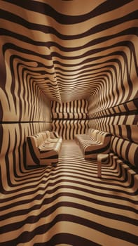A room covered in wavy black and brown striped patterns, creating an optical illusion effect with matching furniture.Suitable for artistic and creative content