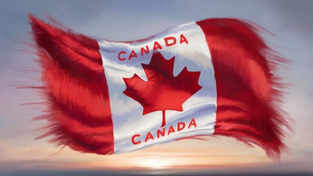 An artistic rendition of the Canadian flag waving in the wind, featuring a vibrant red maple leaf and the word ,Canada, against a dynamic sky backdrop.