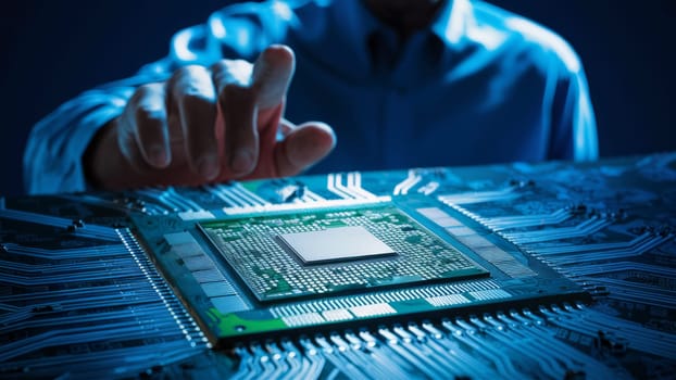 A close-up view of an engineer's hand reaching towards a microchip on a circuit board, highlighting the intricate details of the technology.