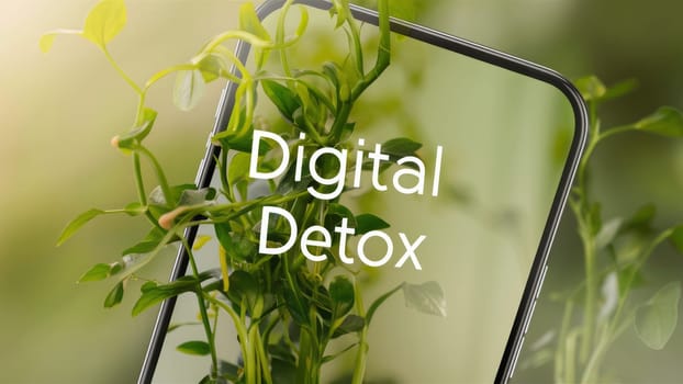 Phone with superimposed text ,Digital Detox, surrounded by green plants, symbolizing a break from technology and a return to nature.