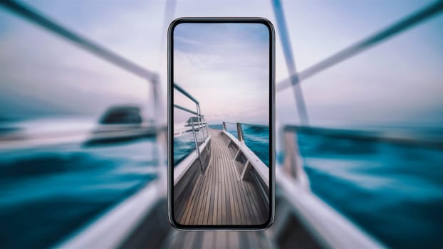 Yacht deck view taken through smartphone frame, blending the physical and digital worlds with the ocean in the background.