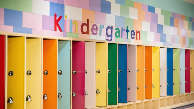 A row of colorful lockers in a kindergarten with a vibrant wall displaying the word ,Kindergarten, in multicolored letters