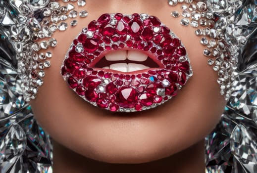 Close-up of glamorous lips adorned with red and silver gems, creating a sparkling and luxurious look perfect for high fashion and beauty themes.
