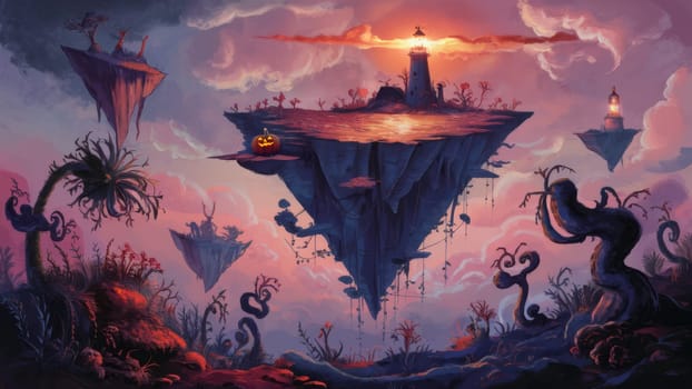 Surreal landscape with floating islands, lighthouses, and glowing jack-o-lantern at sunset. The scene combines elements of fantasy and Halloween.Halloween-themed content