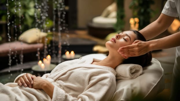 A woman in a white robe receiving a calming facial massage in a serene spa environment with candles and greenery in the background.spa advertisements, and beauty therapy content.