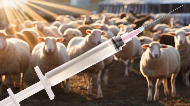 Close-up of a veterinary syringe with a flock of sheep in the background, highlighting animal care and agriculture.