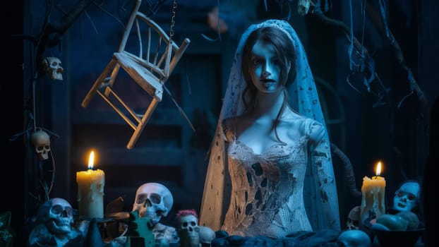A spooky Halloween scene featuring a bride mannequin in a tattered dress, surrounded by skulls, a lit candle, and eerie decor.Suitable for Halloween decorations, horror-themed content