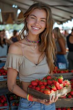 A cheerful woman with a broad smile, standing among market-goers, holds a punnet of ripe strawberries The image illustrates concepts like healthy lifestyle, shopping, and freshness in a street market setting, emanating a sense of happiness and well-being