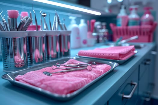 A blue counter is covered with an array of vibrant pink dental items, creating a whimsical and colorful scene. Among the various items are tools used for examinations, repair of teeth, and X-ray procedures in a dental practice.