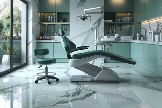 A plush dentists chair sits prominently in a room adorned with luxurious marble flooring. The chair awaits patients for examinations, repairs, and X-rays in this sleek dental practice setting.