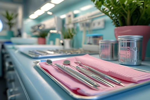 A pink tray adorned with gleaming silverware rests gracefully next to a vibrant potted plant, creating a charming and elegant dining setting.