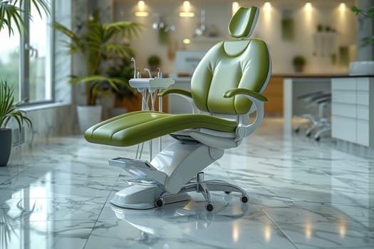 A green and white office chair sits gracefully in a serene room, inviting productivity and tranquility.