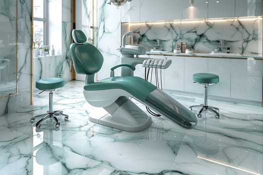 A modern dentists chair sits in the center of a luxurious marbled room, ready for examinations and repair of teeth. The room exudes an air of sophistication and elegance, creating a unique atmosphere for dental procedures.