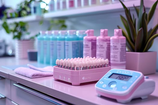A counter in a dental practice is covered with a variety of bottles, each containing different liquids and solutions. Among the bottles is a thermometer, reflecting the precision and attention to detail required in dental examinations and teeth repair.