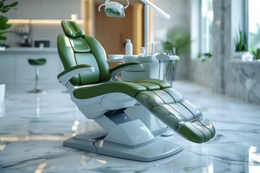 A captivating green and white dentist chair sits elegantly in a well-lit room, ready to cater to patients in need of dental examinations and repair, including X-rays.