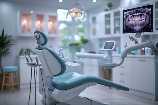 A bustling dentists office filled with state-of-the-art dental equipment, including X-ray machines and tools for examinations and repairs. The atmosphere is a mix of professionalism and comfort, with patients receiving top-notch oral care.