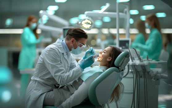 A woman sits in a dental practice, her mouth open as a dentist inspects and checks her teeth. Tools like an x-ray machine and mirror are used in the examination.