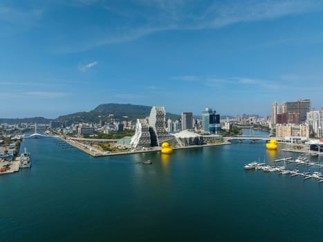 Kaohsiung, Taiwan 01 February 2024: Top view of kaohsiung city with rubber yellow duck
