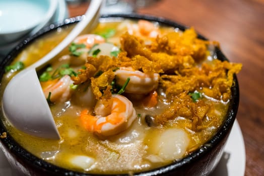 Seafood bowl with deep fried egg