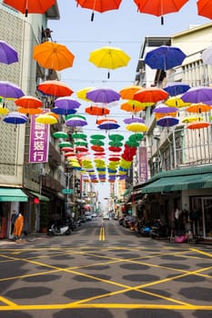 Taiwan 02 February 2024: Colorful Umbrellas Hanging In Hou Yi Shopping Street in Kaohsiung of Taiwan