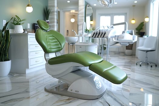 A vibrant green and white chair stands grandly on top of a luxurious marble floor, exuding elegance and sophistication. The chairs design is eye-catching, blending seamlessly with the opulent surroundings.