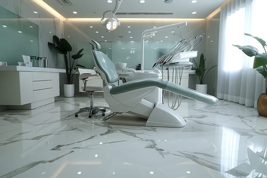 A contemporary dentists office, complete with a sleek marble floor, is bustling with patients receiving examinations and repairs on their teeth. X-ray machines and dental tools are in use.