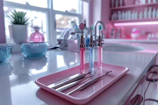 A collection of toothbrushes neatly arranged on a decorative tray, ready for use in a dentists office. The toothbrushes are of various colors and sizes, symbolizing oral hygiene and dental care.