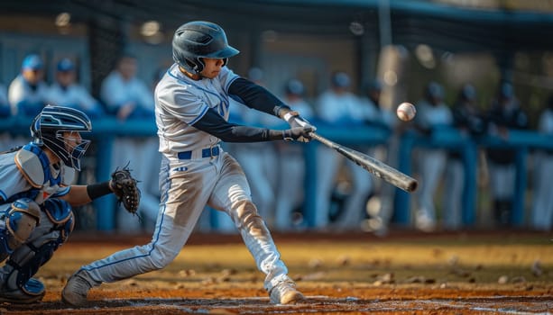 A baseball player, focused and determined, swings his bat with all his might, aiming to hit the ball soaring through the air. The catcher is in position, ready to react. The image captures the thrill of the game and the raw power of the athlete.
