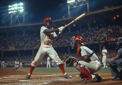 A baseball player, in a white and red uniform, swings his bat with intense focus, facing the pitcher in a nighttime game under the bright stadium lights. The catcher is crouched behind the plate, prepared for the pitch. The crowd behind them is a blur of faces, lost in the excitement of the game.