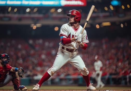A baseball player in a white and red uniform, poised at the plate, bat held high, ready to swing. The player is focused on the pitcher, with the stadium lights creating a dramatic backdrop and the cheers of the crowd visible in the background.
